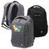 Three backpacks in various styles: one grey with a colourful logo, a plain black, and another grey with a logo.