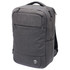 A grey backpack with multiple compartments and a logo, designed for carrying laptops.