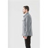 A grey unisex fleece shacket is displayed, featuring a collared neckline and a side view of a model.