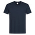 A navy blue men's classic V-neck T-shirt with short sleeves. The shirt features a label and has a simple design.