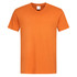 An orange V-neck T-shirt with short sleeves, featuring a label and a logo on the neckline.