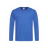 A blue long-sleeve t-shirt with a round neckline and a logo on the label.