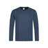 A navy blue long sleeve T-shirt featuring a classic design and a tag inside. It includes a logo on the collar.