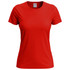 A red women's classic T-shirt with short sleeves and a plain design. It features a logo on the inside label.