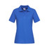 A blue women's heavyweight polo shirt with a classic collar and short sleeves, featuring a logo.