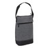 A drink bottle cooler featuring a grey fabric exterior with a black bottom and an adjustable shoulder strap.