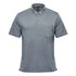 A grey short sleeve polo shirt with a collar and a pocket, featuring a logo on the chest.