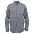A grey long sleeve button-up shirt with a chest pocket and a collar. The shirt features a logo.