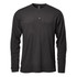 A black men's long-sleeve Henley shirt with a buttoned neckline and a textured finish. Features a logo.