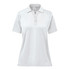 A women's polo shirt in soft white, featuring a collar and a placket with buttons. The shirt has a logo on it.