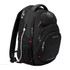 A black Swissdigital Neptune Backpack with multiple zippers and a charging port, featuring red accents.