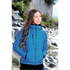 A women's puffer jacket in blue with a fitted hood and zippered pockets, featuring a branded logo.