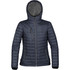 A women's puffer jacket in navy blue with a hood and zippered pockets, featuring a logo.