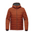 A thermal jacket in burnt orange with a hood, featuring a quilted design and a brand logo.
