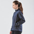 A navy women's jacket with a zip front, featuring a high collar and side pockets. The model is shown from the side.
