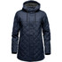 A navy women's quilted puffer jacket featuring a hood, front pockets, and a checkered lining. It has a logo.