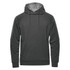 A dark grey hoodie featuring a drawstring hood and raglan sleeves, with a logo on the front.