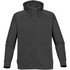 A men's zip hoody in dark grey with a front pocket and an attached hood. It features a logo on the design.