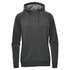 A full zip hoodie in dark grey with a hood, featuring a sleek design and a discreet logo.
