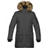 A women's expedition parka in dark grey with a fur-lined hood and multiple pockets, featuring a logo on the sleeve.