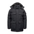 A black Men's Denali Parka with multiple pockets and a hood, featuring a logo on one sleeve.