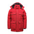 A red men's parka jacket with a hood, featuring multiple front pockets and a sleek design.