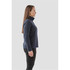 A navy blue women's pullover with a 1/4 zip design, featuring a high collar and a side profile view.