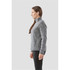 A grey women's fleece jacket with a full zip, featuring side pockets and a high collar. It has a logo on it.