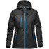 A women's black rain jacket featuring blue zippers and a hood, with two front pockets and a logo.