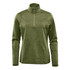 A green women's 1/4 zip pullover jumper features long sleeves and a high collar. It has a logo on the front.