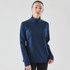 A navy blue 1/4 zip pullover jumper for women with a stand-up collar and long sleeves. It features branding.