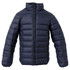 A navy blue puffer jacket featuring a zippered front and quilted design, with a high collar and long sleeves.