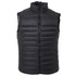 A black puffer vest with a high collar and zip closure. Features a quilted design. Includes branding.