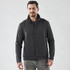 A men's Soho jacket in black, featuring a collared design and a button front, worn by a model.