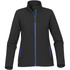 A black softshell jacket with blue accents and zippered pockets, featuring a high collar and a sleek design.