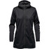 A women's softshell jacket in black with a zip front and hood. It features side pockets and has a branded logo.