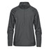 A women's rain jacket in dark grey featuring a 1/4 zip and a logo. Ideal for outdoor wear.