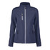 A women's softshell jacket in navy blue with zippered pockets and a branded logo.