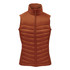 A women's thermal vest in a warm, rust colour with a high neck and zip closure, featuring quilted detailing and a logo.