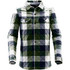 A men's shacket in a green and white checkered pattern with long sleeves and a branding logo.