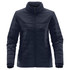 A women's quilted jacket in navy blue with a zippered front and a high collar, featuring a logo on the lower hem.
