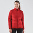 A red quilted jacket with a high collar and zip, featuring a fitted design and a branding logo.