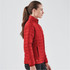 A red women's quilted jacket is shown, featuring a high collar and elasticated cuffs, with a logo visible.