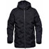 A black men's parka with a hood and zip closure, featuring quilted detailing and side pockets.