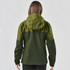 A woman wearing a dark green jacket with a hood, seen from the back. The jacket features a logo.