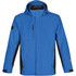 A blue and black men's jacket featuring a hood and front zip, with a logo on one sleeve.