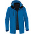 A blue jacket with a hood, featuring a zip front and multiple pockets. It has a logo on the design.
