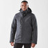 A dark grey men's jacket with a hood, featuring a zip front and an exterior pocket, displayed on a model.