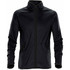 A black fleece jacket featuring a high neck, zip front, and two zippered pockets, with a logo on the side.