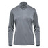 A women's 1/4 zip pullover in a grey shade, featuring long sleeves and a zippered collar. It has a logo.